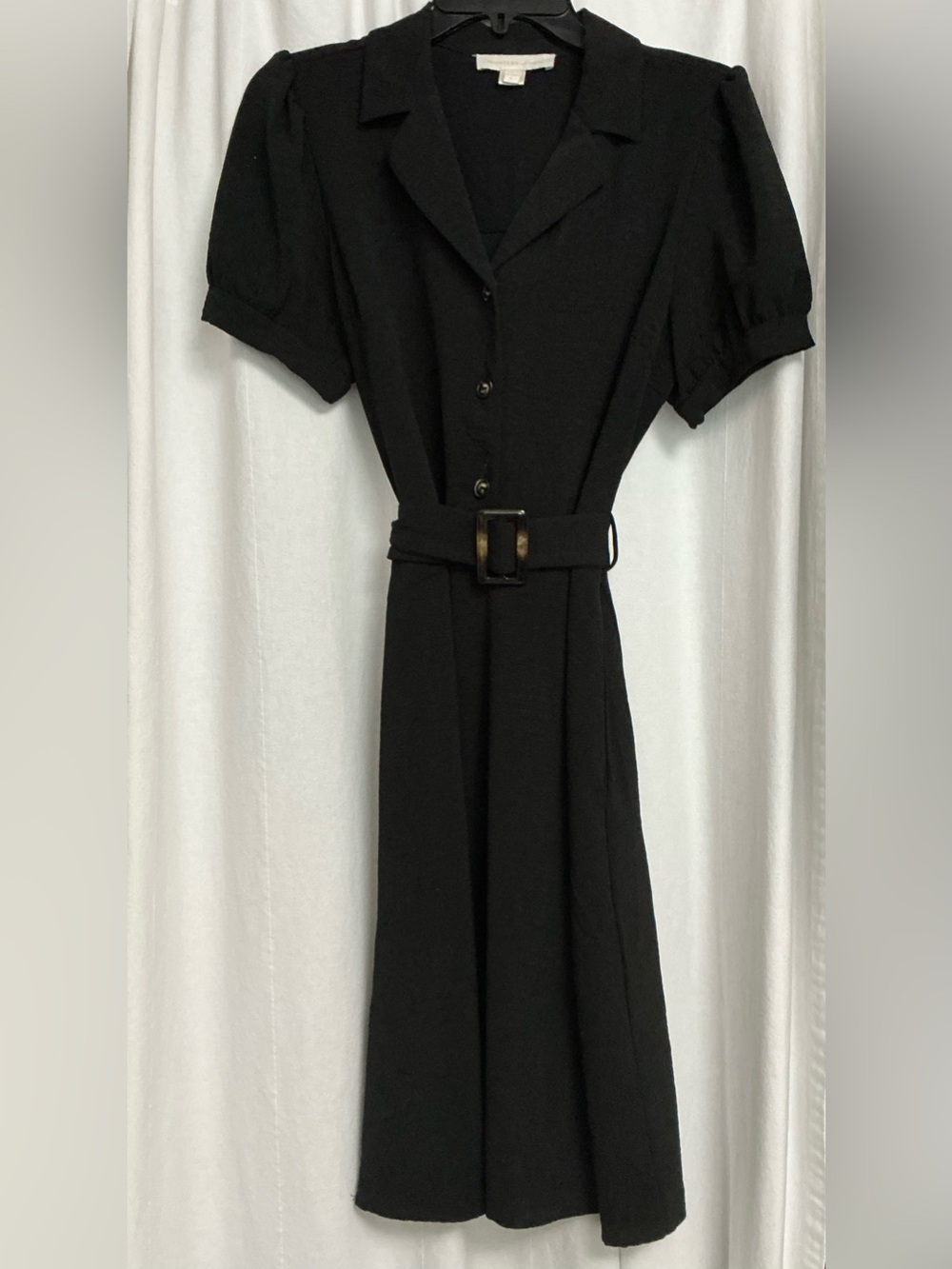 Black Midi Belted Shirt Dress w/ tortoise shell style buckle and buttons